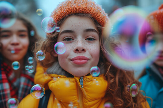 Portrait a young woman smiling among soap bubbles.
A joyful child surrounded by colorful soap bubbles.