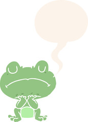 cartoon frog waiting patiently and speech bubble in retro style