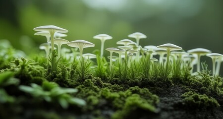  Nature's bounty - A close-up of mushrooms thriving in a lush green environment - obrazy, fototapety, plakaty