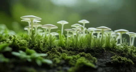Poster  Nature's bounty - A close-up of mushrooms thriving in a lush green environment © vivekFx