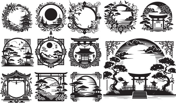 japanese scenery within an ornate frame, bonsai trees and traditional houses in black vector style