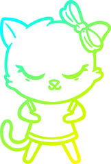 cold gradient line drawing cute cartoon cat with bow