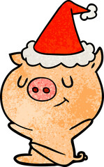 happy textured cartoon of a pig wearing santa hat