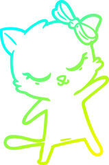 cold gradient line drawing cute cartoon cat with bow