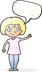 cartoon happy woman pointing with speech bubble