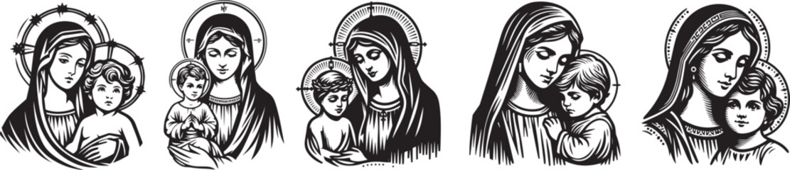 maternal warmth: mary embraces baby jesus in black vector laser cutting - obrazy, fototapety, plakaty