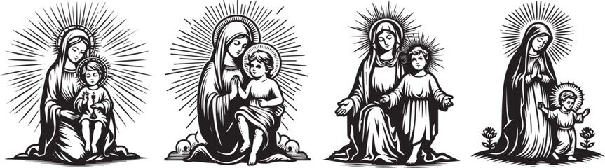 motherhood's grace, our lady mary cradles infant baby jesus in black vector laser cutting engraving
