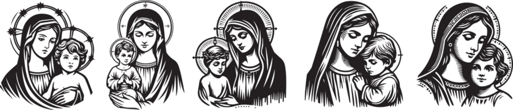 maternal warmth: mary embraces baby jesus in black vector laser cutting