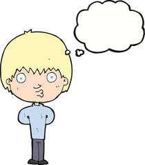 cartoon whistling boy with thought bubble