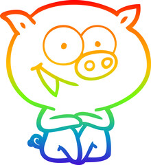 rainbow gradient line drawing cheerful sitting pig cartoon