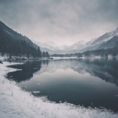 Winterlandschaft am See mit Bergen