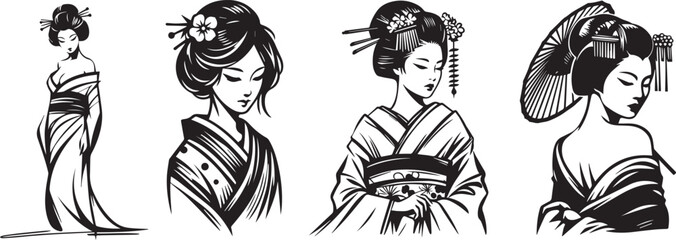 Illustration of beautiful exotic Japanesse modern geisha wear kimono, black vector shape silhouette beauty woman laser cutting engraving - obrazy, fototapety, plakaty