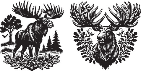 majestic moose in the forest, oaks and foliage backdrop, black vector laser cutting engraving