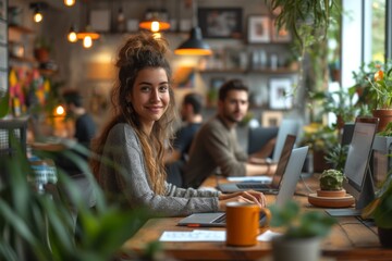 Smiling Young Woman with Laptop in Vibrant Cozy Café, Freelancer Lifestyle Concept