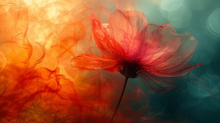 Artistic Red Poppy Flower on Ethereal Blue and Orange Bokeh Background - obrazy, fototapety, plakaty