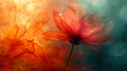 Foto op Plexiglas Artistic Red Poppy Flower on Ethereal Blue and Orange Bokeh Background © Maik Meid