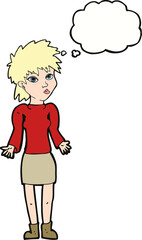 cartoon woman shrugging shoulders with thought bubble