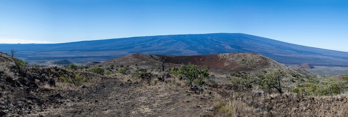 Panoramic view of dormant volcanoes near Mauna Kea in Big Island Hawaii 