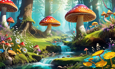 A vibrant, fantasy-themed scene featuring mushroom houses by a stream with mountains in the background. The atmosphere is enchanting and surreal.