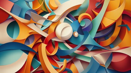 Playful geometric shapes dancing in a 3D abstract symphony of color, offering a delightful and...