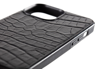 The smartphone case is black crocodile leather on a white background.