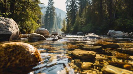 Sunlit Mountain Stream Amidst Forest: A Close-Up View of Clear Water Flowing Over Rocks with Pine Trees Background