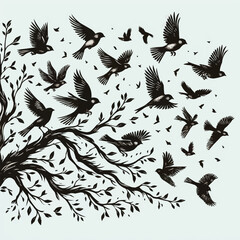 Vector flock of flying birds on tree branch.