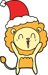 laughing lion line drawing of a wearing santa hat