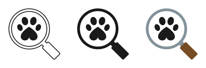 Set of magnifying glass icons with paw print. Illustration
