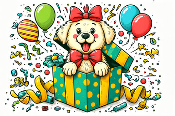 A cute puppy is popping out of a colorful gift box amidst balloons and confetti