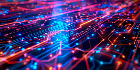 Abstract background with a giant circuit diagram, with wires forming the lines and LED lights 