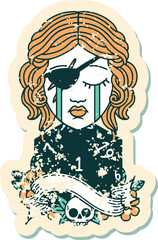 crying human rogue with natural one D20 roll illustration