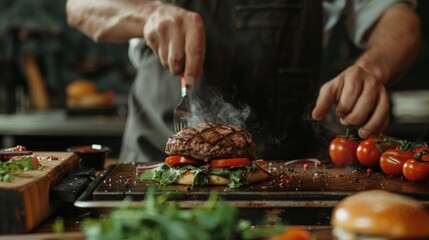 Close-up of a Chef hand Cooking Burgers on Grill in Kitchen, with steam rising in a professional kitchen setting.