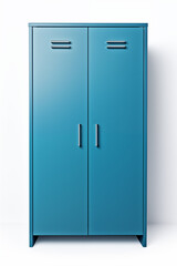 Isolated blue metal locker closet on white backdrop.