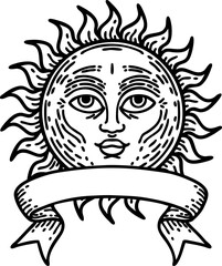 black linework tattoo with banner of a sun with face
