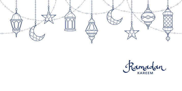 Ramadan line art decoration. Hanging lanterns, crescents, stars. Islamic celebration border. Traditional eastern ornaments, lamps isolated on white. Muslim holidays garland. Ramadan calligraphy. Vecto