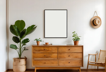 wooden portrait poster frame mock up a room interior, modern interior background, wooden dresser and plants, 3d rendering