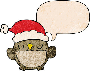 cute christmas owl and speech bubble in retro texture style