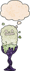 cartoon spooky halloween potion cup and thought bubble in grunge texture pattern style