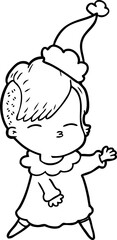 line drawing of a squinting girl wearing santa hat