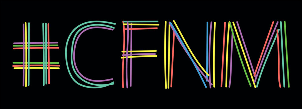 CFNM Hashtag. Isolate neon doodle lettering text, multi-colored curved neon lines, like felt-tip pen, pensil. Hashtag #CFNM for banner, t-shirts, mobile apps, typography, Adult resources