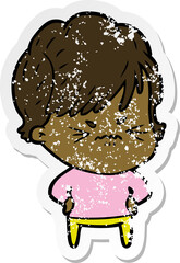 distressed sticker of a cartoon frustrated woman