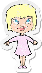 retro distressed sticker of a cartoon girl shrugging shoulders