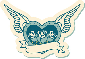 tattoo style sticker of a flying heart with flowers and banner