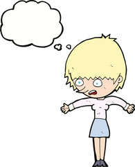 cartoon woman panicking with thought bubble