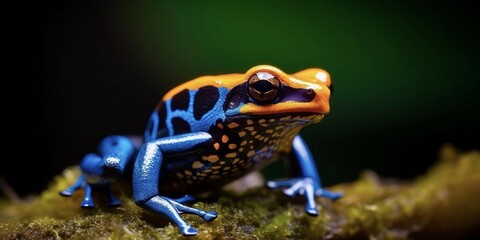cobalt blue and orange poison dart frog, ultra high detail, subtropical lowland forest background
