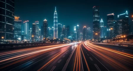 Fototapeten  Vibrant cityscape at night with blurred highway lights © vivekFx