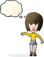 cartoon woman waving away with thought bubble