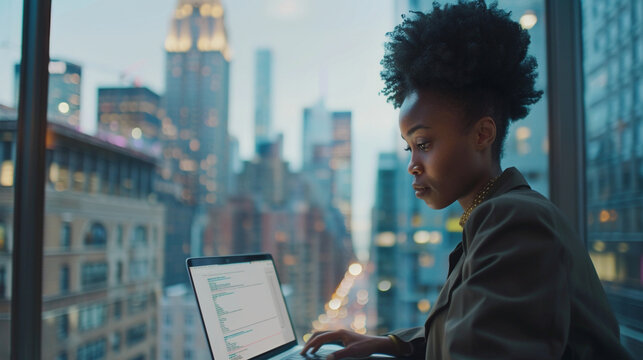 A young black marketer analyzing data and creating strategies on her laptop, in an open-plan office with panoramic city views, business technology, with copy space