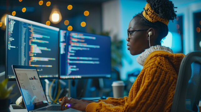 A young black female coder debugging software on her laptop, in a dynamic tech startup office with dual monitors and gadgets, business technology, with copy space